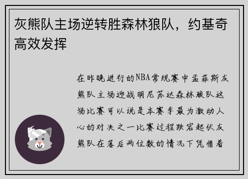 灰熊队主场逆转胜森林狼队，约基奇高效发挥